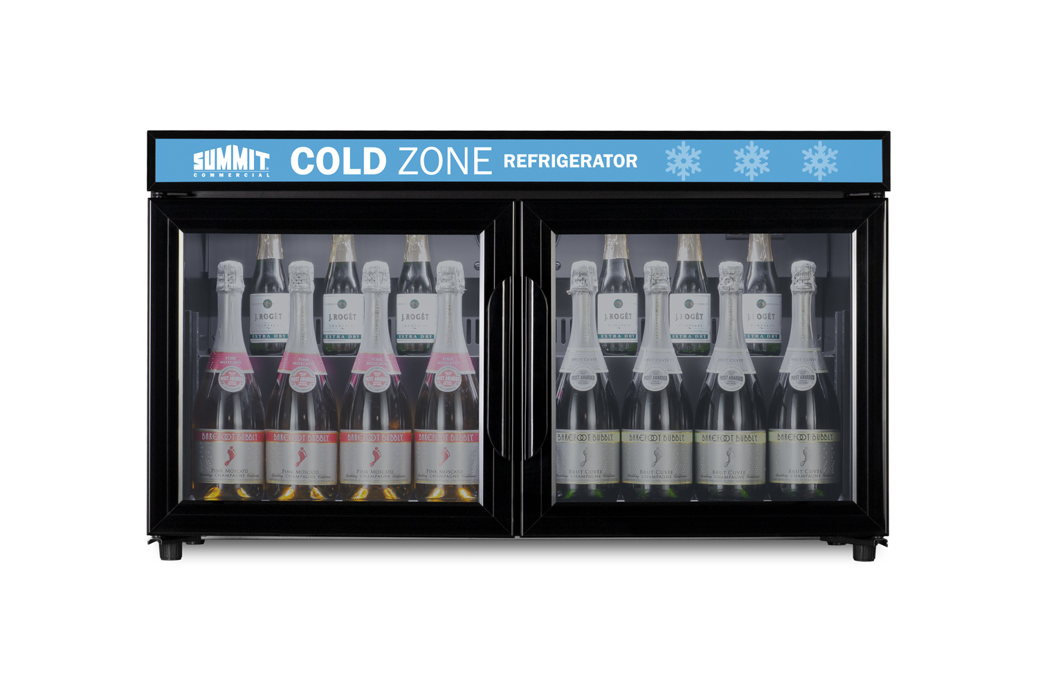 Countertop, shallow depth single-zone commercial refrigerator for freestanding use with French glass doors, black cabinet, digital controls, and LED lighting